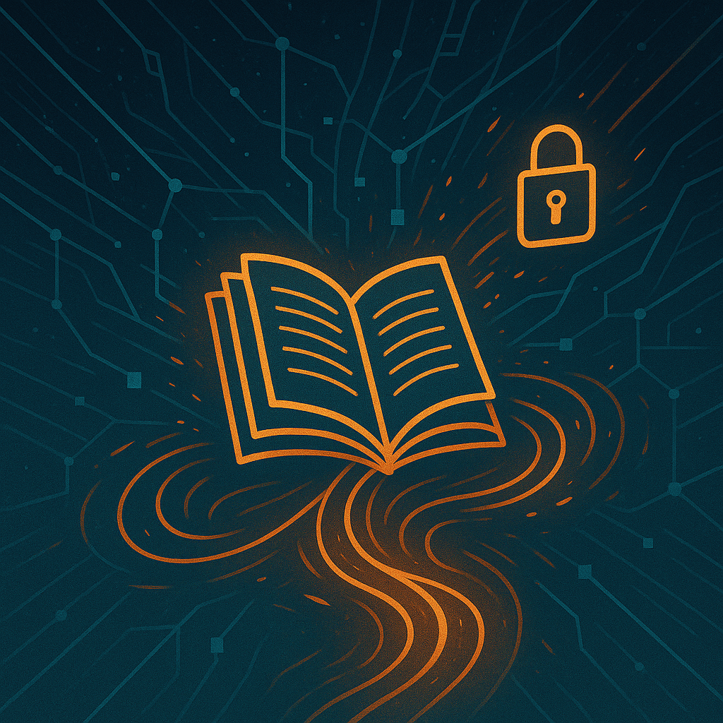 An illustration of an open book with light swirling around it, symbolizing storytelling, alongside a padlock icon representing security, set against a dark background with a network theme.